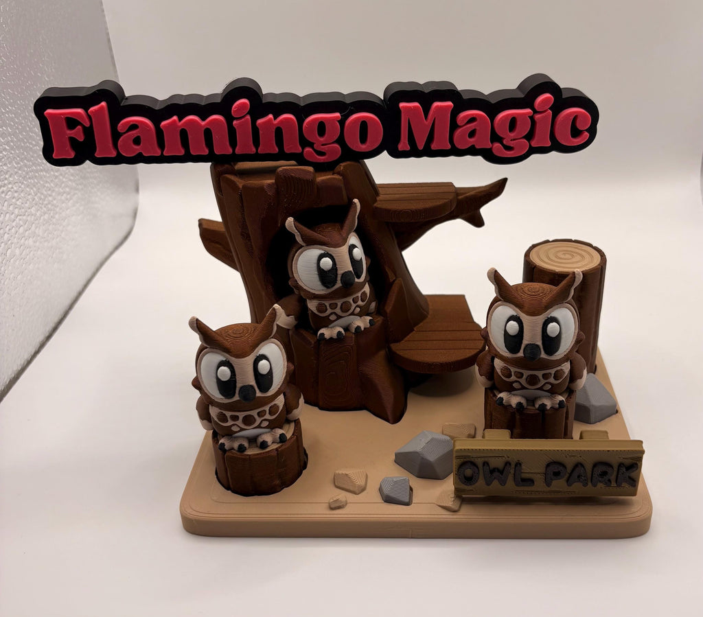 Owl Park Display – 3D Printed Owl Figures with Tree Scene | Cute Owl Decor | Woodland Desk Shelf Decor | Owl Lover Gift