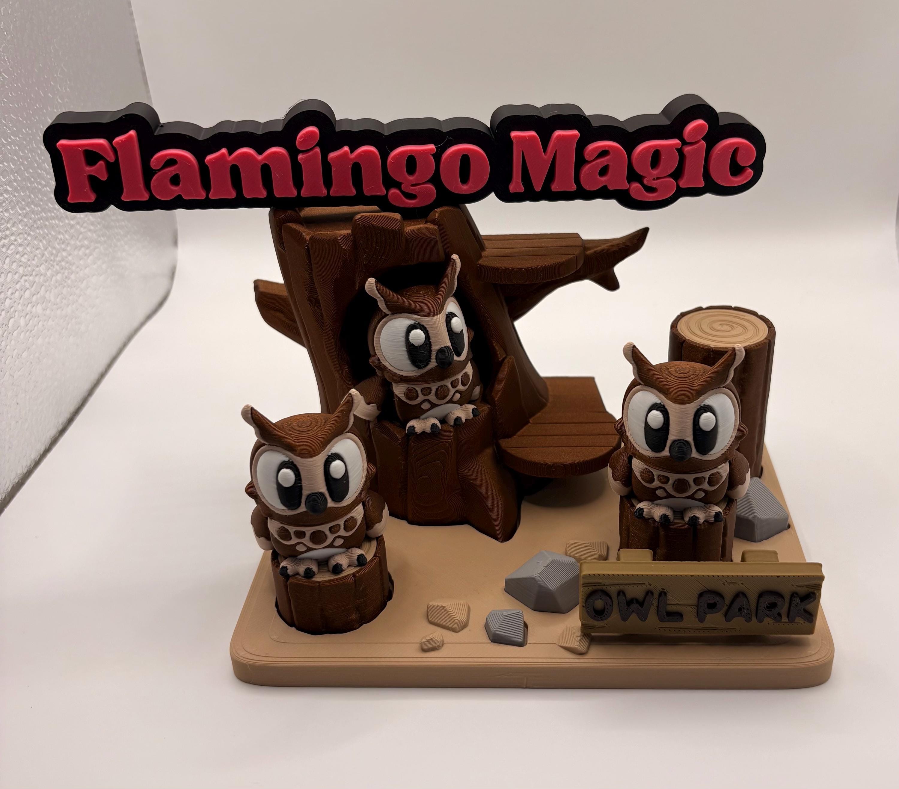 Owl Park Display – 3D Printed Owl Figures with Tree Scene | Cute Owl Decor | Woodland Desk Shelf Decor | Owl Lover Gift